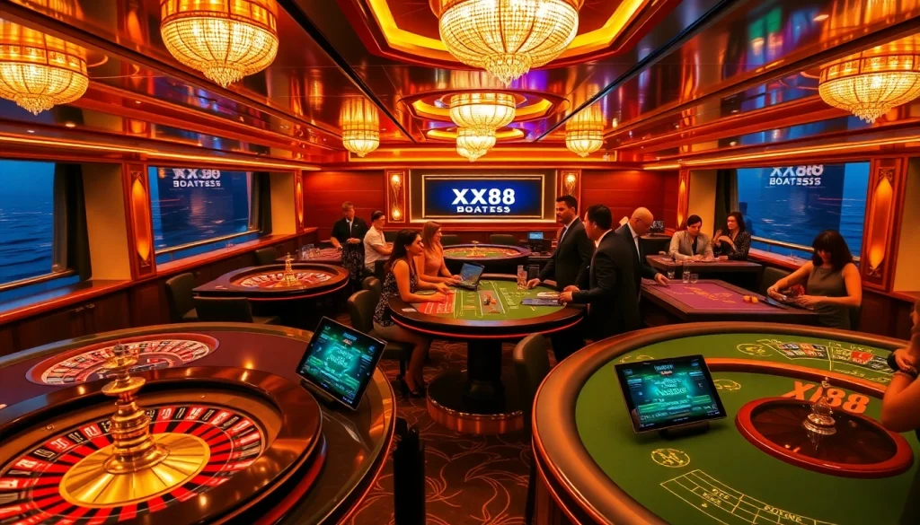Experience thrilling gambling activities aboard XX88 Boats featuring lively casino tables and engaging players.
