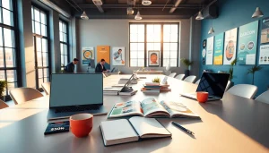 Showcasing Good Wolf Marketing branding workspace with vibrant colors and creative elements.