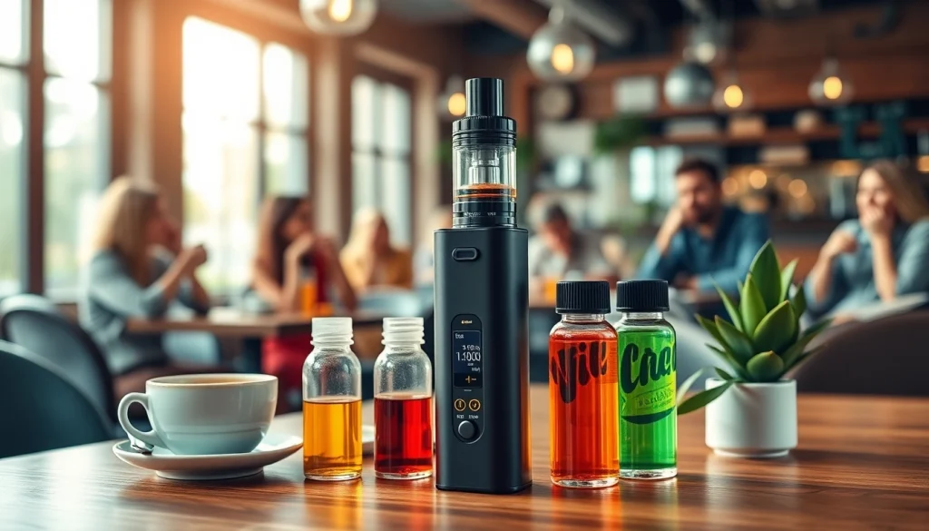 Vape ohne nikotin auf einem modernen Tisch, umgeben von gemütlicher Café-Atmosphäre.