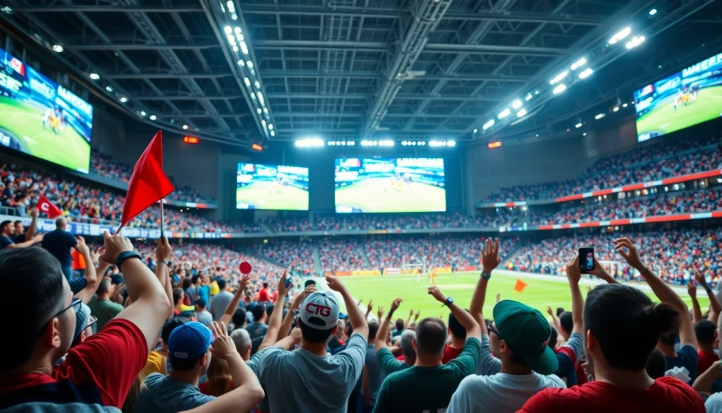 스포츠중계 중인 생생한 관객과 생동감 넘치는 경기장 모습