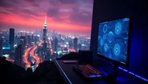 Experience thrilling online gaming with rr88com in a vibrant digital landscape featuring high-tech setups.