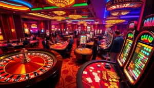 Players placing bets at mm88 casino tables under bright lights, featuring roulette, cards, and poker chips.