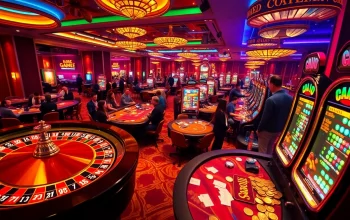 Players placing bets at mm88 casino tables under bright lights, featuring roulette, cards, and poker chips.