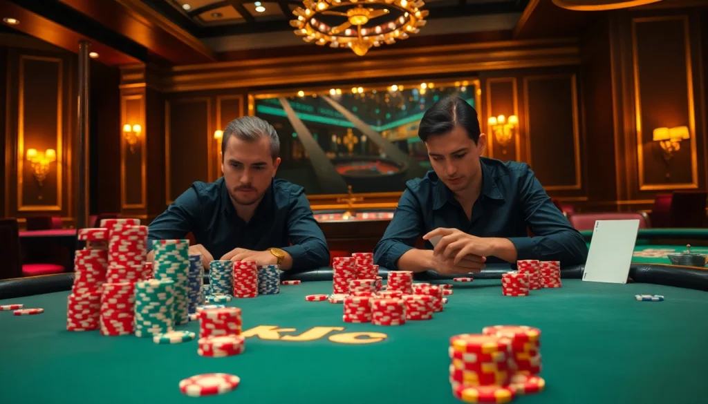 "Engage in a high-stakes poker game at kjc casino, featuring vibrant chips and players focused on their strategy."
