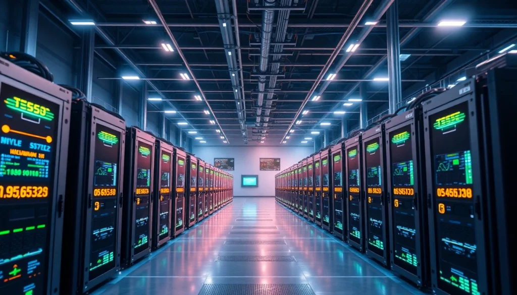 Crypto mining hardware in a modern facility with advanced technology and performance tracking.