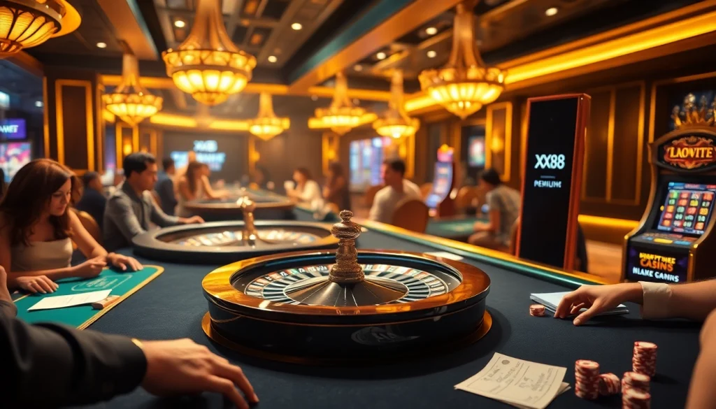 Experience the thrill of gambling at an XX88 casino with players enjoying roulette and poker.