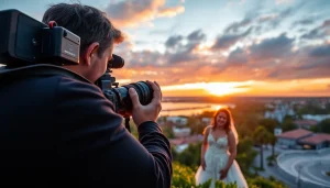 Professional wedding photographer in Tampa capturing a joyful couple during sunset.