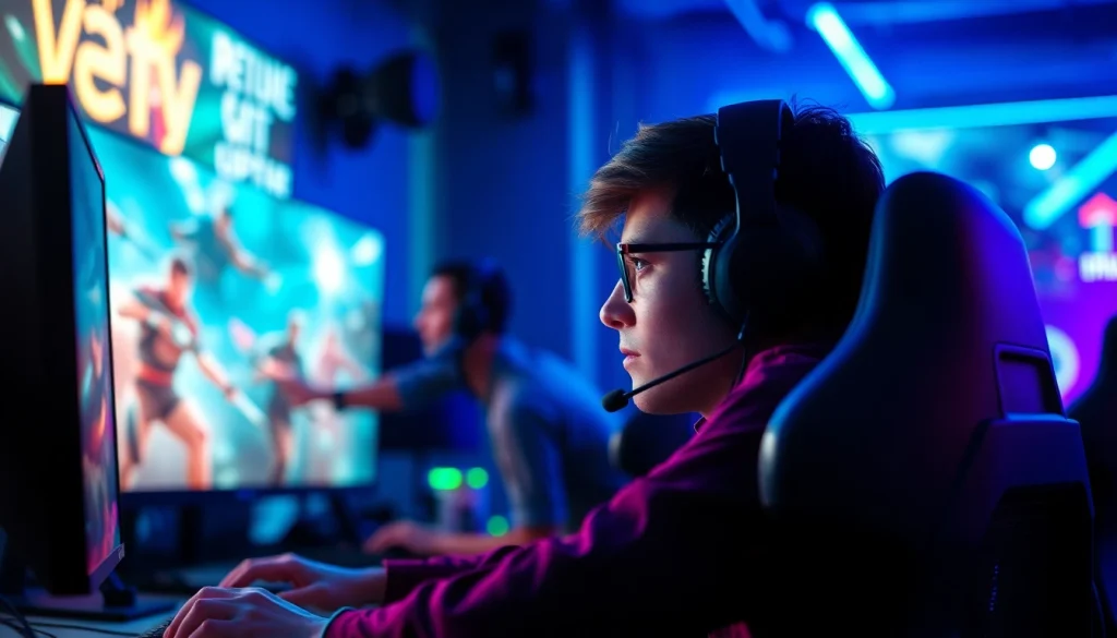 Exciting valorant download gaming scene with a focused player and vibrant atmosphere.