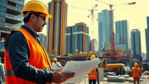 Manhattan Construction Manager supervising a dynamic construction site with workers and machinery.