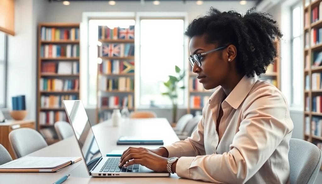 Professional translator at their workspace with high-tech tools reflecting the essence of https://www.elitetranslingo.com.