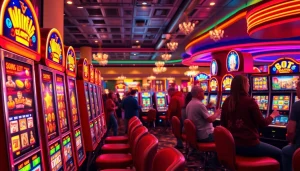 Mesin slot berwarna-warni di kasino yang ramai dengan cahaya berkilau dan suasana penuh energi.