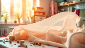 Mousseline stof met kleurrijke draad en naaiaccessoires in een creatieve studio.