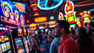 Temukan keseruan bermain slot online dengan mesin slot berwarna-warni dan suasana kasino yang mendebarkan.