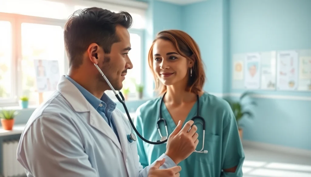 Health professional engaging with a patient in a caring clinic setting.