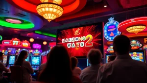 Menampilkan mahjong ways 2 di kasino yang meriah dengan pemain antusias dan suasana warna-warni.