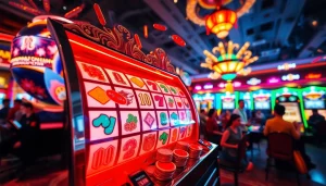 Permainan mahjong slot menarik dengan simbol berwarna-warni dan suasana kasino yang energik.