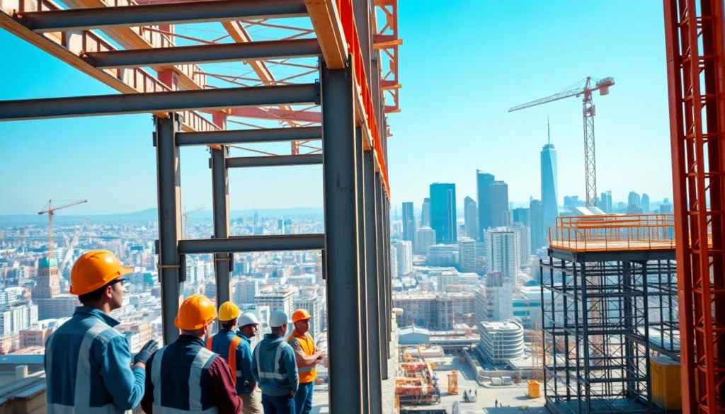 Workers engaged in structural steel construction, assembling beams in a city environment.