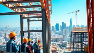 Workers engaged in structural steel construction, assembling beams in a city environment.