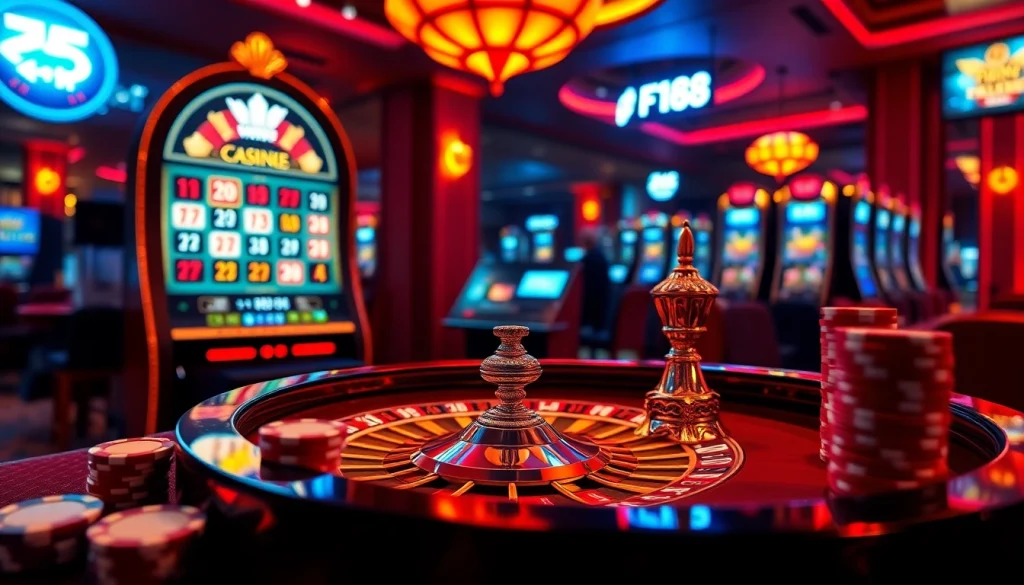Engage with the F168 brand in a luxurious online gaming environment featuring lively casino elements.