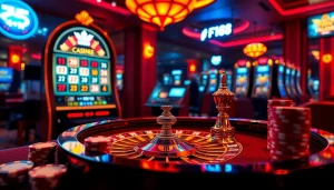 Engage with the F168 brand in a luxurious online gaming environment featuring lively casino elements.