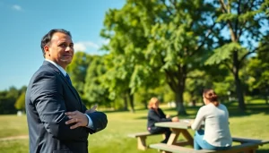 A professional environmental lawyer engages with clients in a green park, demonstrating expertise.