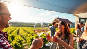 Celebrate your Winery Membership with a cheerful couple enjoying a wine tasting outdoors.