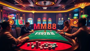 Players enjoying a thrilling game at an MM88 poker table in a luxurious casino setting.