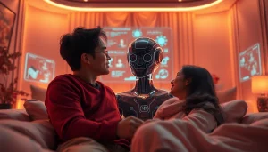 Engaging AI sex experience in a romantic setting with warm ambient lighting.