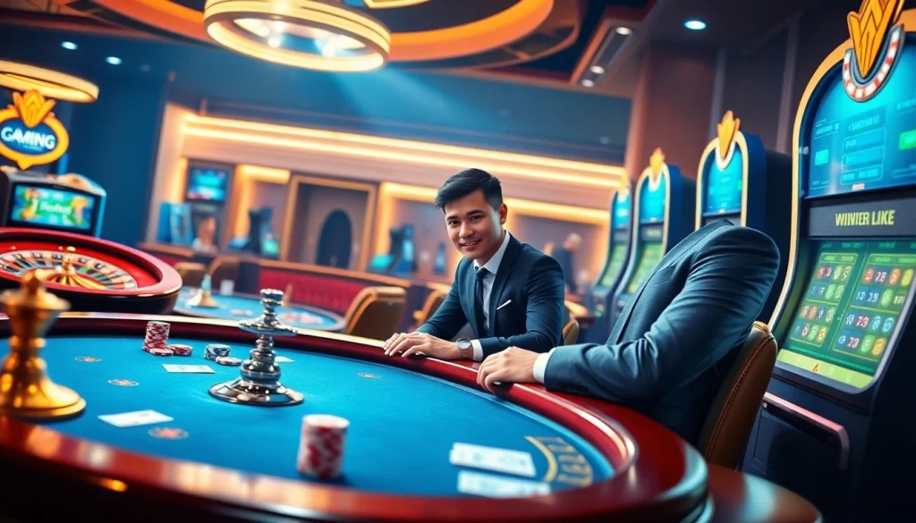 Action-packed gambling scene at https://mm88.vegas/ highlighting live casino excitement with players, chips, and games.