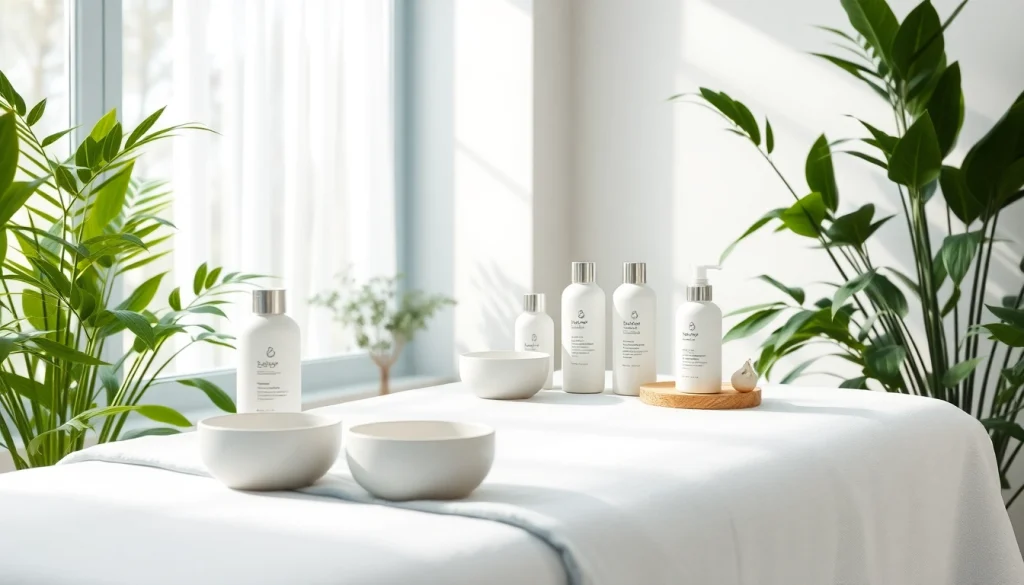 Hudvårdsbehandlingsprodukter för fet hud eller oljig hud i en lugn spa-miljö.