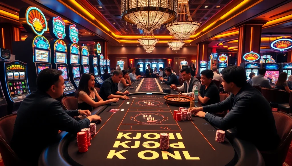 KJC ONL poker players enjoy a thrilling game at a luxurious casino table, surrounded by excitement.