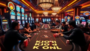 KJC ONL poker players enjoy a thrilling game at a luxurious casino table, surrounded by excitement.