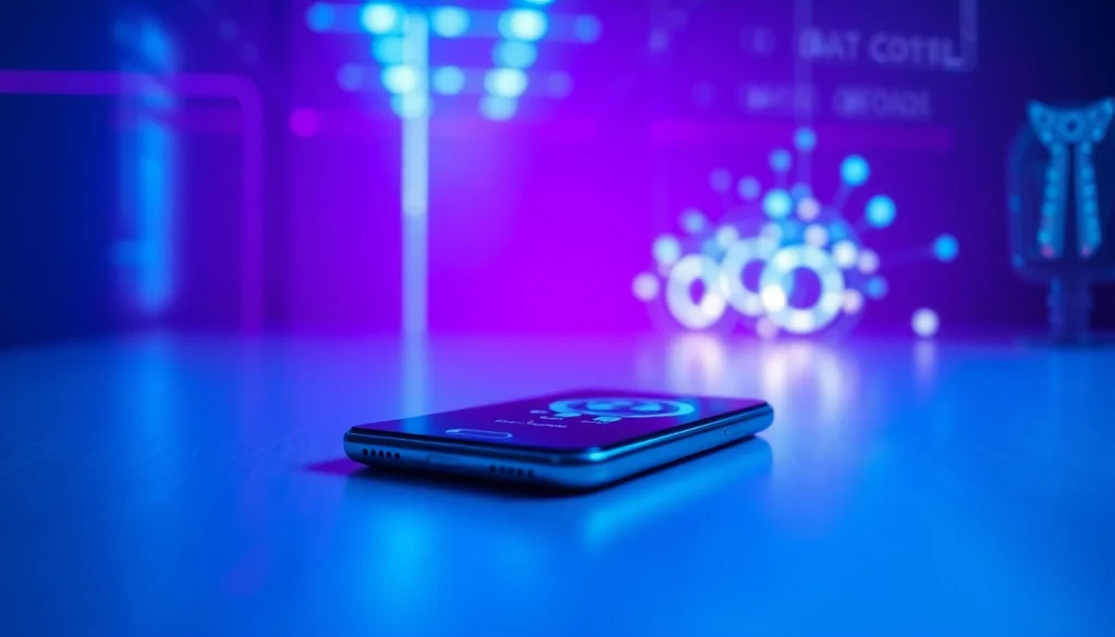 An eye-level view of a smartphone displaying an engaging AI chatbot interface for sex AI, with vibrant colors and digital imagery.