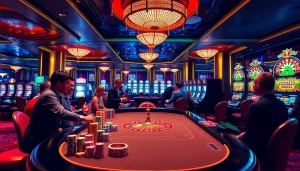 Players engage in exciting gambling action at 123b casino with vibrant tables and high stakes.