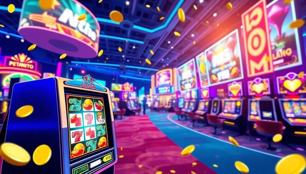 Permainan slot online petanitoto yang menarik dengan suasana kasino yang ceria.