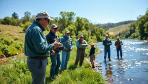 Engage in fly fishing lessons near me, with expert instruction on a peaceful riverbank surrounded by nature.