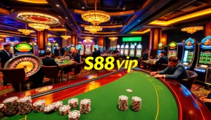 S88vip poker chips stacked on a luxurious table at an upscale casino, capturing an exciting gambling atmosphere.