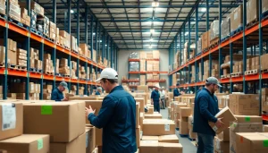 Showcasing a busy 3PL logistics operation with efficient inventory management and shipping activities.