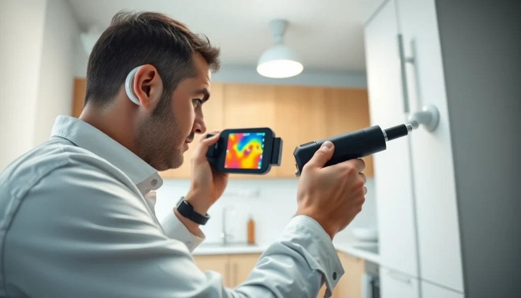 Water leak detection specialist conducting a thorough inspection with advanced tools in a residential setting.