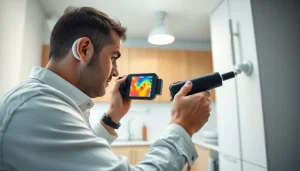 Water leak detection specialist conducting a thorough inspection with advanced tools in a residential setting.