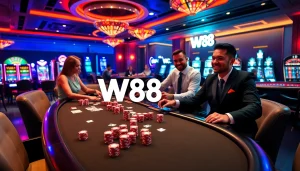 Engage in exciting W88 casino games with vibrant tables, dealers, and slot machines.