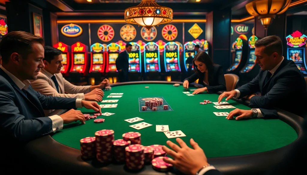 Players strategizing at a luxurious poker table in the s8 club casino, surrounded by vibrant slot machines.