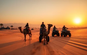 Experience a Marrakech camel ride and quad biking adventure against the stunning Agafay Desert sunset.