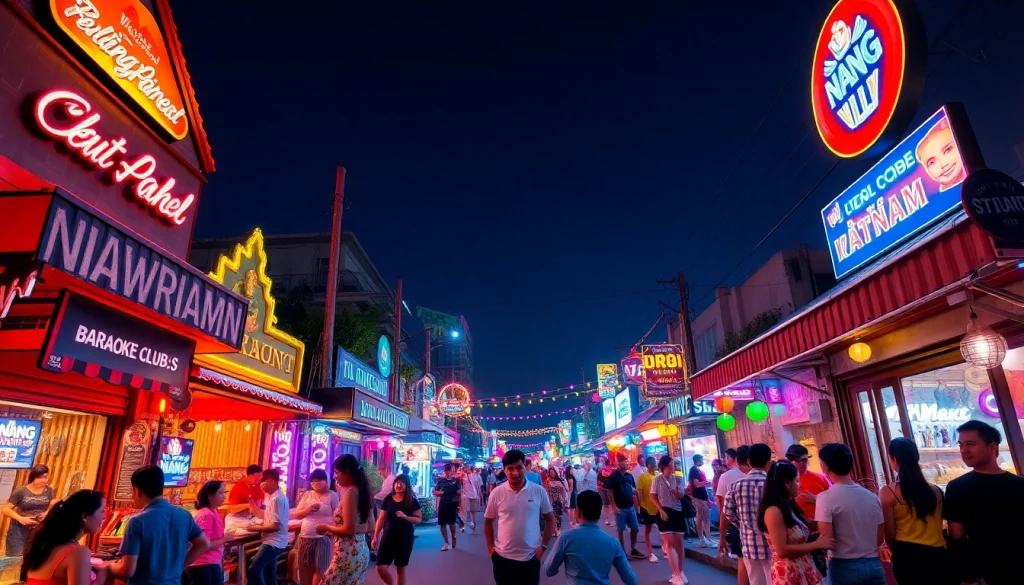 Da Nang nightlife scene showcasing 다낭밤문화 with vibrant neon lights and lively crowds enjoying entertainment.