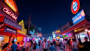 Da Nang nightlife scene showcasing 다낭밤문화 with vibrant neon lights and lively crowds enjoying entertainment.