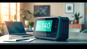 Showcase the innovative das 140 in a modern workspace with vibrant lighting.