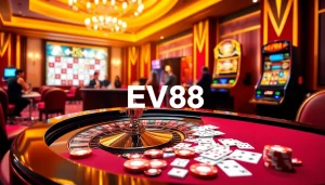 Experience the excitement of EV88 with a dynamic casino scene featuring roulette and slots.