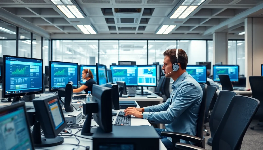 Utilize an auto dialer system in an efficient office environment with agents actively engaged.