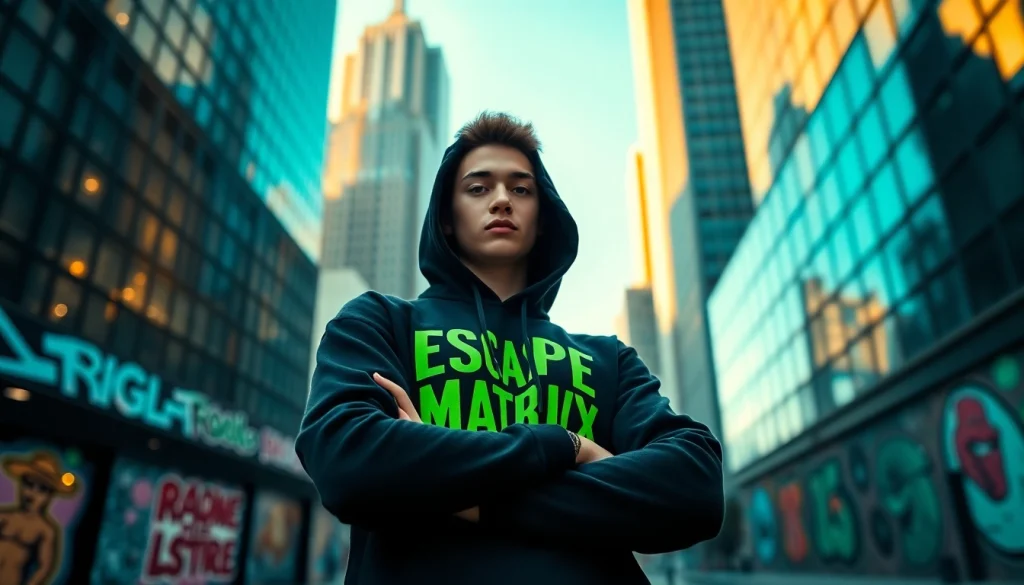 RageOff Escape the Matrix hoodie worn in a vibrant urban setting, embodying freedom and style.
