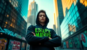 RageOff Escape the Matrix hoodie worn in a vibrant urban setting, embodying freedom and style.